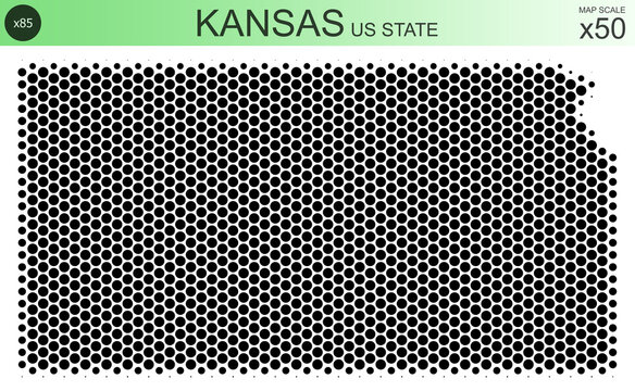 Dotted map of the state of Kansas in the USA, from circles, on a scale of 50x50 elements. With smooth edges in black on a white background. With a dotted element size of 85 percent.