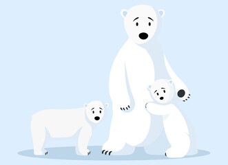 Polar white bear family floating on water on broken ice floe. Wild animal living in antarctica. Large mammal with white fur from north. Melting glacier, climate change and global warming concept