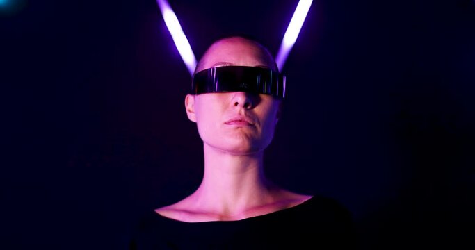 Woman using cyber glasses in futuristic setting
