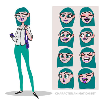haracter animation set, young woman, full length, in office clothes with a bag and a phone, creating people with emotions