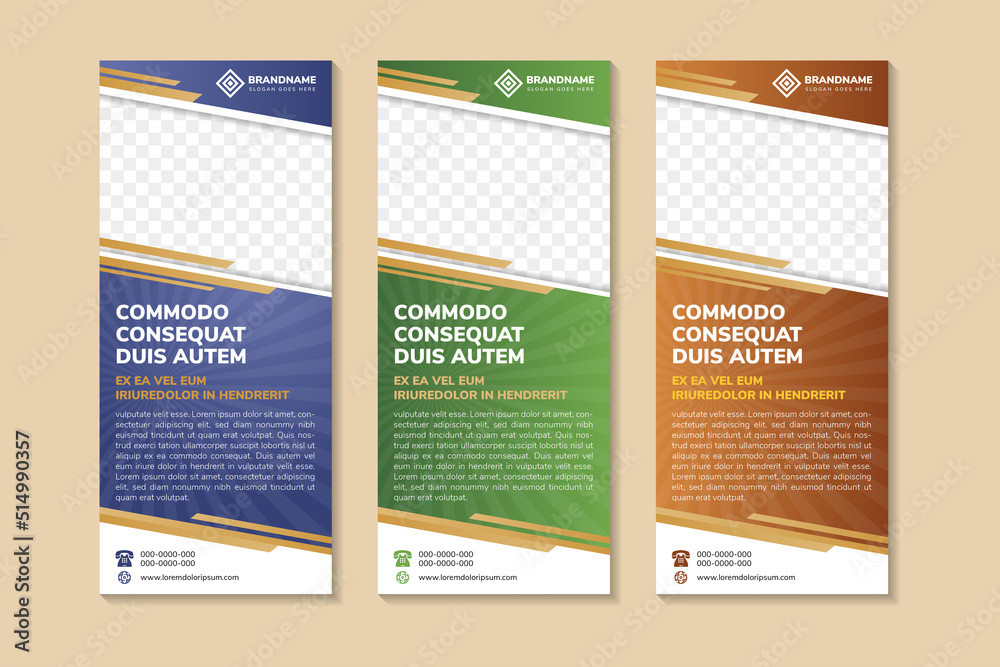 Poster design of vertical vector roll-up banner with diagonal elements for a photo. there are three colors 