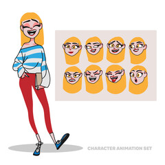 Character animation set, female student, full length, holding a folder, creating people with emotions, doodle