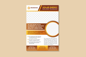 Brochure template. Business flyer. Annual report cover. Editable A4 poster for design, renewable solar energy, presentation, website, magazine page. Brown and orange gradient color. space for photo.