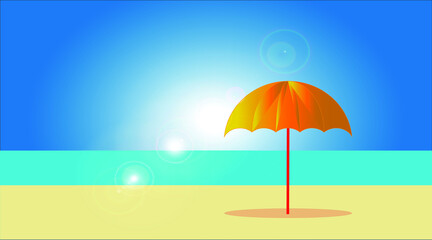 Fototapeta na wymiar Summer holiday vacation travel on sea with sandy beach with umbrella and sun and blue sky with halo