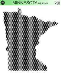 Dotted map of the state of Minnesota in the USA, from circles, on a scale of 50x50 elements. With smooth edges in black on a white background. With a dotted element size of 85 percent.