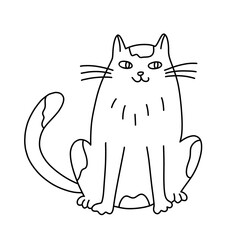 Sitting cat  in doodle style.  Hand drawn vector illustration. Isolated black outline.