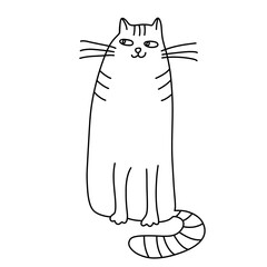 Sitting sly cat  in doodle style.  Hand drawn vector illustration. Isolated black outline.