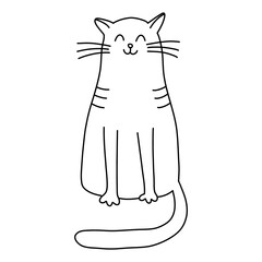 Sitting happy cat  in doodle style.  Hand drawn vector illustration. Isolated black outline.