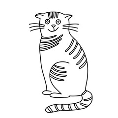 Sitting cat  in doodle style.  Hand drawn vector illustration. Isolated black outline.