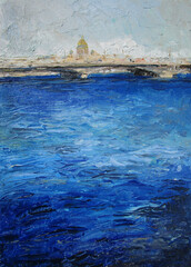 Blue water of a Neva river, Saint Petersburg, oil painting