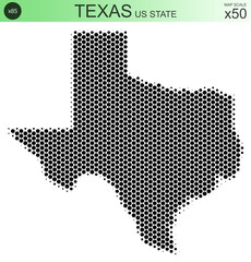 Fototapeta na wymiar Dotted map of the state of Texas in the USA, from circles, on a scale of 50x50 elements. With smooth edges in black on a white background. With a dotted element size of 85 percent.