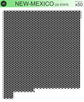 Dotted map of the state of New-Mexico in the USA, from circles, on a scale of 50x50 elements. With smooth edges in black on a white background. With a dotted element size of 85 percent.