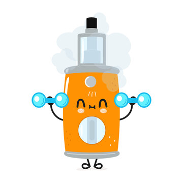 Cute funny vape character with dumbbells. Vector hand drawn cartoon kawaii character illustration icon. Isolated on white background. Vape character gym concept