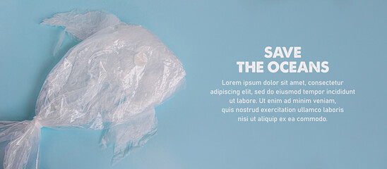 Pollution of the world's oceans with plastic garbage. Fish out of waste on blue background....