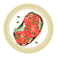 Sandwich with tomato on a plate. Whole grain bread with healthy ingredients. Vegetable, herbs and seeds. Healthy breakfast. Flat vector illustration.