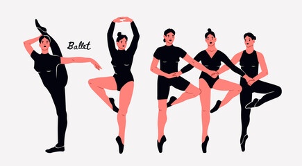 Ballerinas in different poses. Dancing women. Beautiful women silhouettes. Fitness, classical dancing, ballet school concept. Hand drawn modern Vector illustration. Cartoon style isolated characters © Dariia