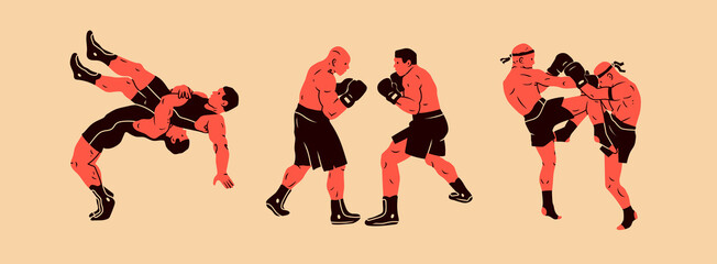 Wrestlers, boxers, muai thai fighters. Boxing, sports, workout, martial arts, mixed fight, mma concept. Cartoon style. Hand drawn modern Vector illustration. Logo, print, poster, design templates