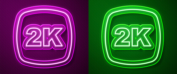 Glowing neon line 2k Ultra HD icon isolated on purple and green background. Vector