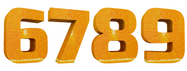 Orange alphabet. Numbers 6, 7, 8, 9 in 3d render. Fruit letters with cutout ready. 3D Illustration isolated on white background.