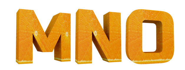 Orange alphabet. Letters M, N, O in 3d render. Fruit letters with cutout ready. 3D Illustration isolated on white background.