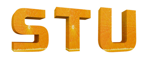 Orange alphabet. Letters S, T, U in 3d render. Fruit letters with cutout ready. 3D Illustration isolated on white background.