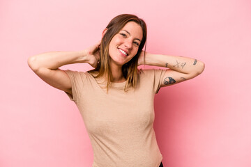 Young caucasian pregnant woman isolated on white background stretching arms, relaxed position.