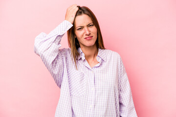 Obraz premium Young caucasian pregnant woman isolated on white background tired and very sleepy keeping hand on head.