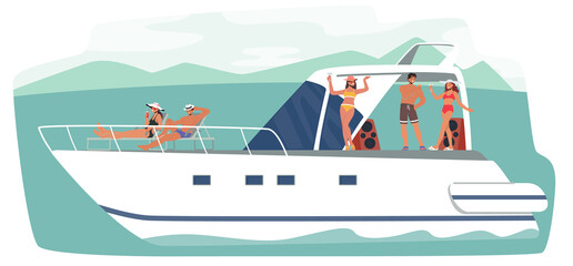 Summertime Vacation Cruise. Young People Relax on Luxury Yacht at Ocean. Happy Male and Female Characters Rest on Ship