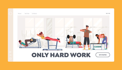 People Training in Gym Landing Page Template. Sport Activity, Healthy Life. Male and Female Characters Exercising
