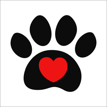 Paw print with red heart sign icon concept of care and love for animals symbol