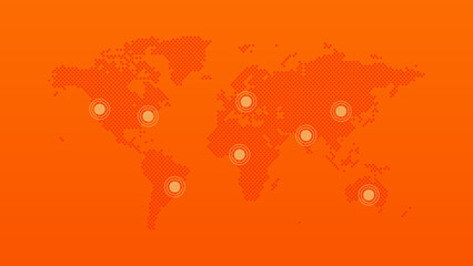 World vector symbol with map pins. Infographic background for web page, global business, network, connection, communication, template, sample, design, travel. Orange gradient illustration