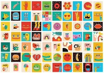Big Set of Different colored Vector illustartions for posters in Cartoon Flat design. Hand drawn Abstract shapes, faces, different texture, greek elements, funny Comic characters.