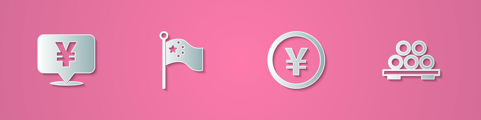 Obraz premium Set paper cut Chinese Yuan currency, China flag on flagpole, and Sushi cutting board icon. Paper art style. Vector