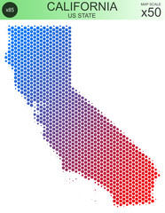 Obraz premium Dotted map of the state of California in the USA, from circles, on a scale of 50x50 elements. With smooth edges and a smooth gradient from one color to another on a white background. 