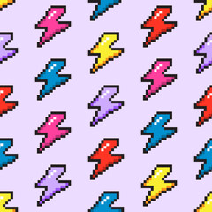 Seamless vector pattern with cute pixel lightning. Background with colorful geek element in the style of 90s game. Old school graphic texture