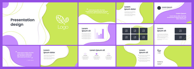 Set of modern powerpoint presentation templates. Presentation design, portfolio vector templates with flowing colorful trendy gradients of geometric shapes. Slide page, flyer, website, company profile