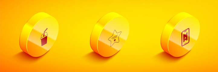 Set Isometric Paper glass with water, Walk of fame star and Buy cinema ticket online icon. Vector