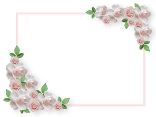 Arrangement of beautiful roses. Flower roses frame on pink pastel background.