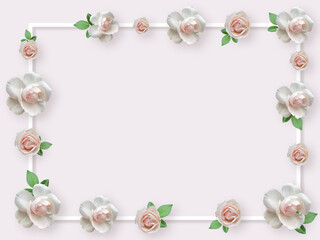 Fototapeta na wymiar Arrangement of beautiful roses. Flower roses frame on pink pastel background.