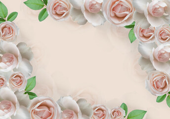 Obraz na płótnie Canvas White Roses Arrangement. Flower roses frame on pastel background. Mothers day, Valentines Day