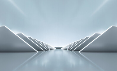 Elegant white futuristic light and reflection triangle wall background. 3D rendering.