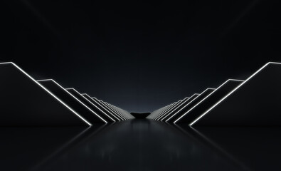 Abstract futuristic triangle with glowing neon light and grid line Elegant reflection background.  3D rendering.