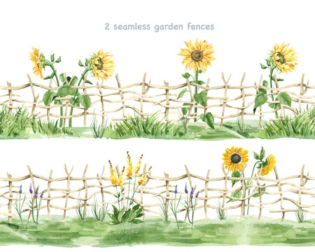 Watercolor clipart of garden fences. Seamless garden border fence,  Wattle, Rack fence and bushes. Sunflowers and bushes. flowers, grass and plants. For Planners Postcards Paper Tape Fabric Posters