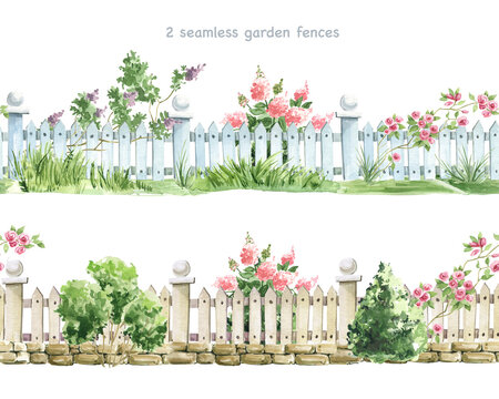 Watercolor clipart of garden fences. Seamless garden border fence,  Wattle, Rack fence and bushes. Sunflowers and bushes. flowers, grass and plants. For Planners Postcards Paper Tape Fabric Posters