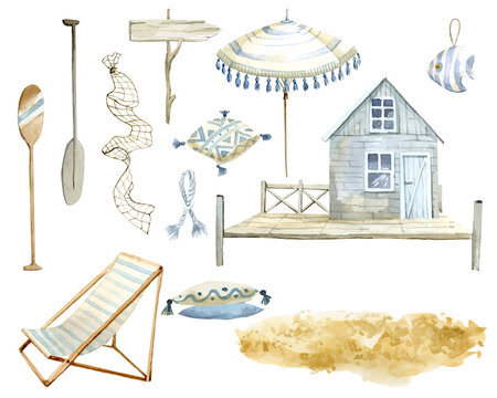 Watercolor clipart of beach houses bungalows beach umbrellas beach scenery. Summer marine clipart. For postcards scrapbooking posters fabric postcard planners
