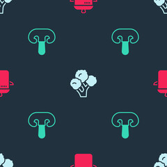 Obraz premium Set Cooking pot, Broccoli and Mushroom on seamless pattern. Vector