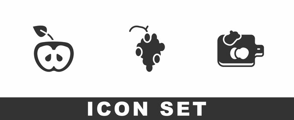 Set Apple, Grape fruit and Cutting board with vegetables icon. Vector