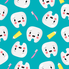 Seamless Pattern with funny tooth, toothpaste and toothbrush. Vector illustration. For card, posters, banners, the card, printing on the pack, printing on clothes, fabric, wallpaper.	