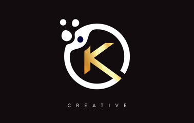 Golden Letter K Logo with Dots and Bubbles inside a Circular Shape in Gold Colors Vector