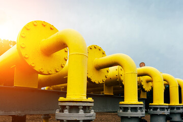 Gas transportation industry. Yellow gas pipeline power technology. Fuel pipe energy equipment. Gas...